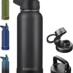 CIVAGO 40 oz Insulated Water Bottle With Straw, Stainless Steel Sports Water Cup Flask with 3 Lids (Straw, Spout and Handle Lid), Double Walled Travel Thermal Canteen Mug, Midnight Black