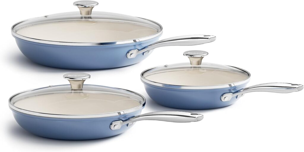 Redchef Nonstick Cookware Sets, Ceramic Frying Pan Set with Tempered Glass Lids, Non Stick Cooking Set, Dishwasher & Oven Safe, Induction Safe, Compatible with All Cooktops, Blue (8″, 9.5″, 11″)