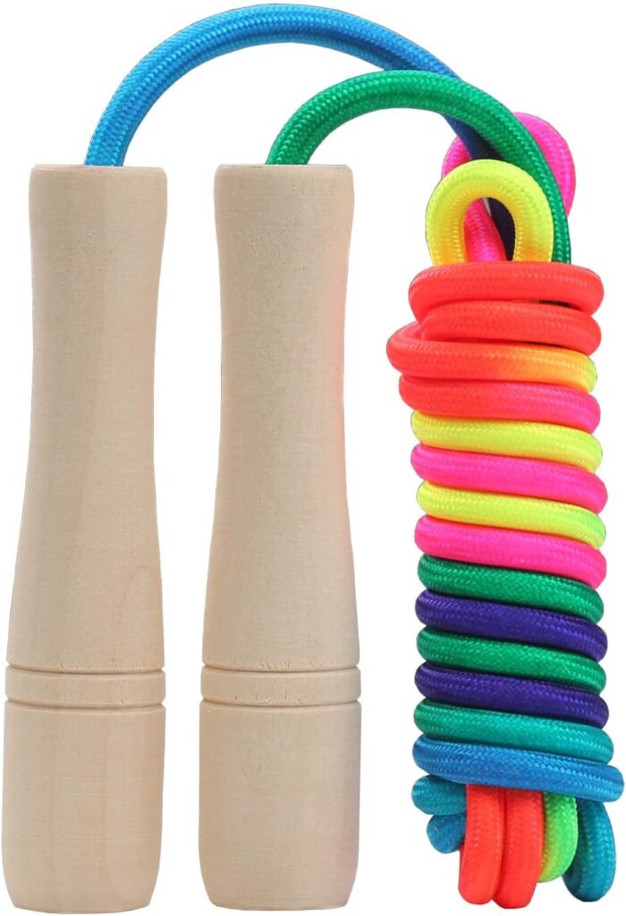 Jump Rope Kids, 8.5ft Adjustable Cotton Skipping Rope with Wooden Handle for Boys and Girls Fitness Outdoor Exercise (Rainbow color)