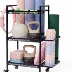 YOTTOY 3-Layer Gym Storage Rack – Multi-Functional Weight Rack for Home Gym, Yoga Mat Holder & Foam Roller Basket with 6 Hooks, Gym Equipment Organizer