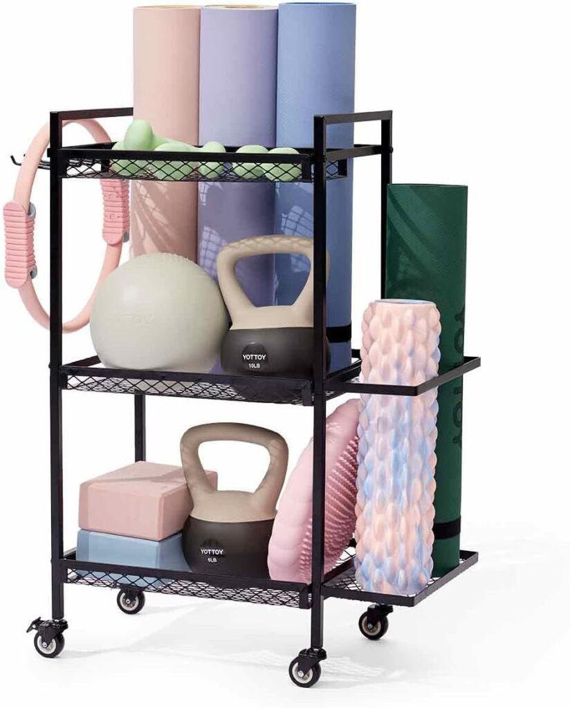 YOTTOY 3-Layer Gym Storage Rack – Multi-Functional Weight Rack for Home Gym, Yoga Mat Holder & Foam Roller Basket with 6 Hooks, Gym Equipment Organizer