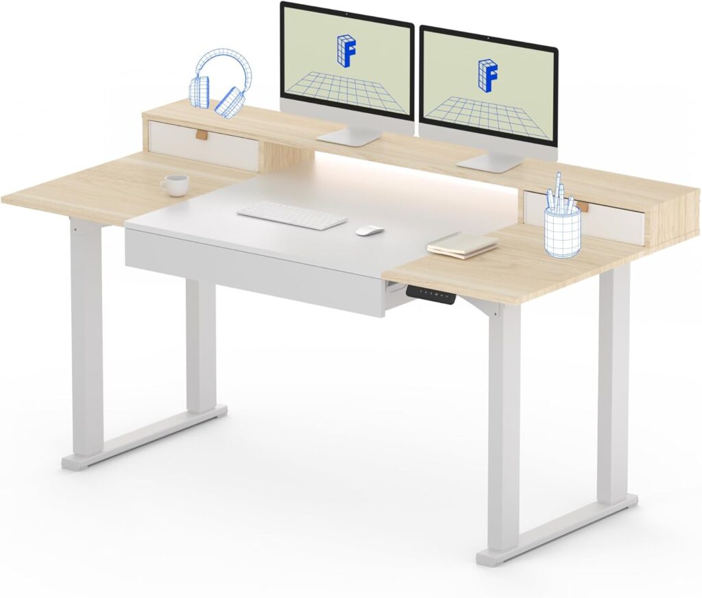 FLEXISPOT 4-Leg Standing Desk with Storage 63×32 in Electric Adjustable Height with 3 Drawers & Shelving Home Office Workstation (White + Maple Top)