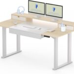 FLEXISPOT 4-Leg Standing Desk with Storage 63×32 in Electric Adjustable Height with 3 Drawers & Shelving Home Office Workstation (White + Maple Top)