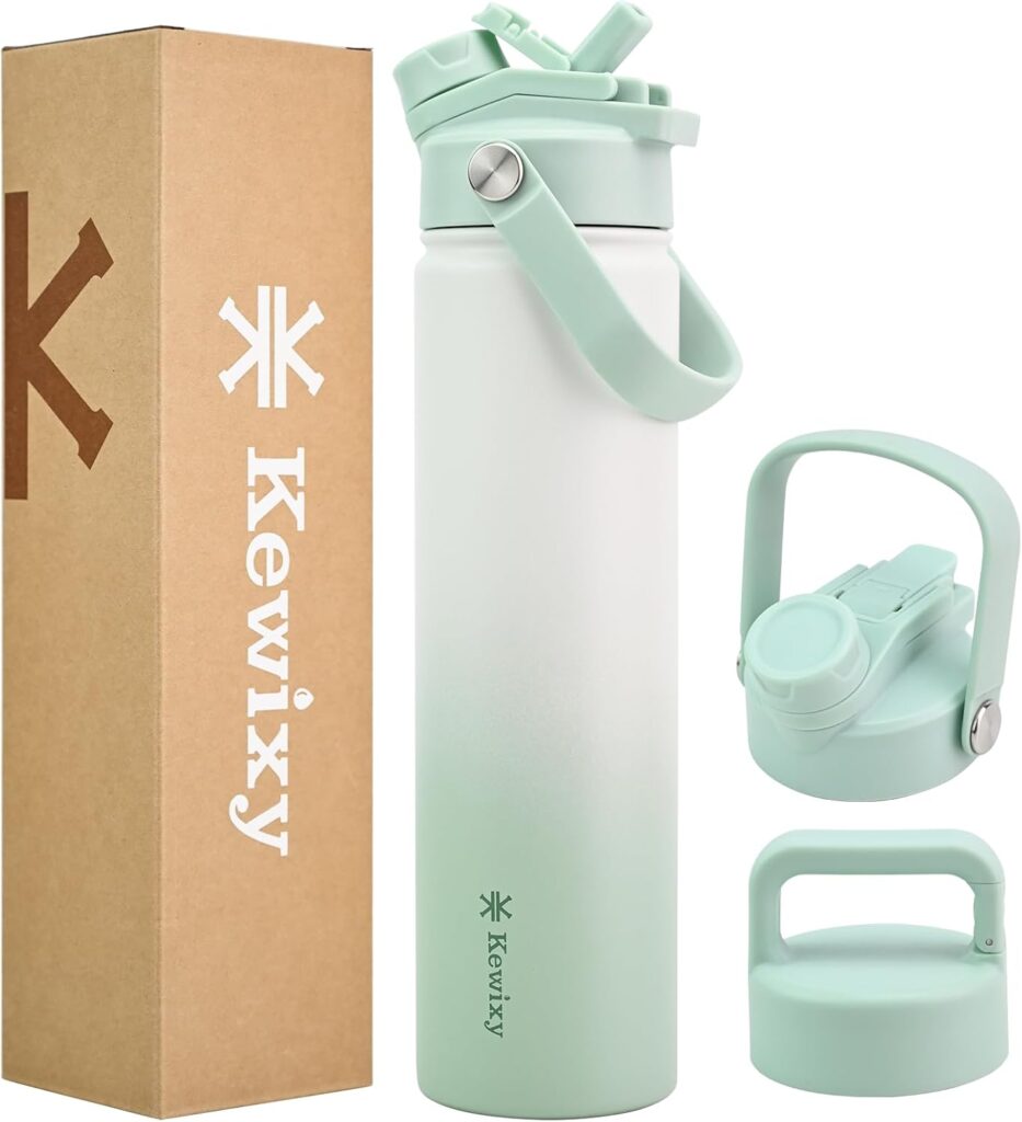 24 oz Insulated Water Bottle, 2-in-1 Lid, Straw & Spout with Protected, Leak Proof, Keep Cold, Stainless Steel, Metal, Reusable, Handle, for Travel, Gym and School, 2 Lids, Iced Mint