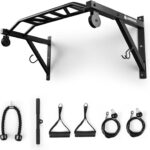 LIONSCOOL Multifunctional Wall Mounted Pull Up Bar with Pulley System, 48″ and 16″/24″ Multi-Grip Chin Up Bar, Cable Pulley Attachments Included, Perfect for Upper Body Workouts