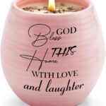 Housewarming Gifts New Home, New Home Gift Ideas, Christian House Warming Gifts for First Apartment, Handmade Ceramic 8oz Lavender Scented Soy Candle, God Bless This Home with Love and Laughter-Pink