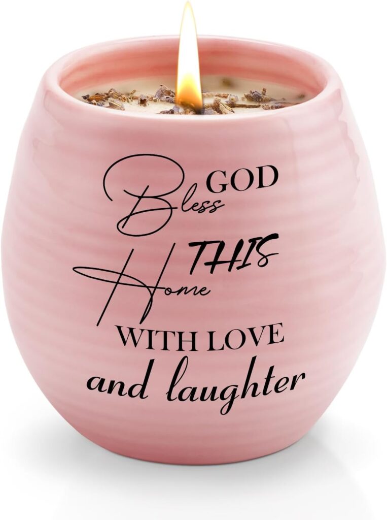 Housewarming Gifts New Home, New Home Gift Ideas, Christian House Warming Gifts for First Apartment, Handmade Ceramic 8oz Lavender Scented Soy Candle, God Bless This Home with Love and Laughter-Pink