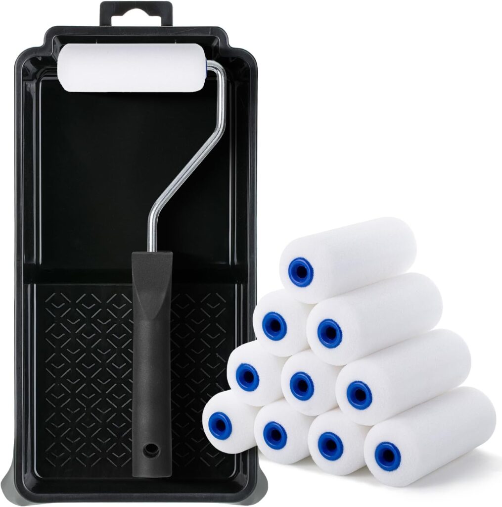 Bates- 4 Inch Foam Paint Roller Set, 12 pcs, Small Paint Roller Kit Includes 1 x Plastic Paint Tray, 1 x Roller Frame & 10 x White Foam Covers