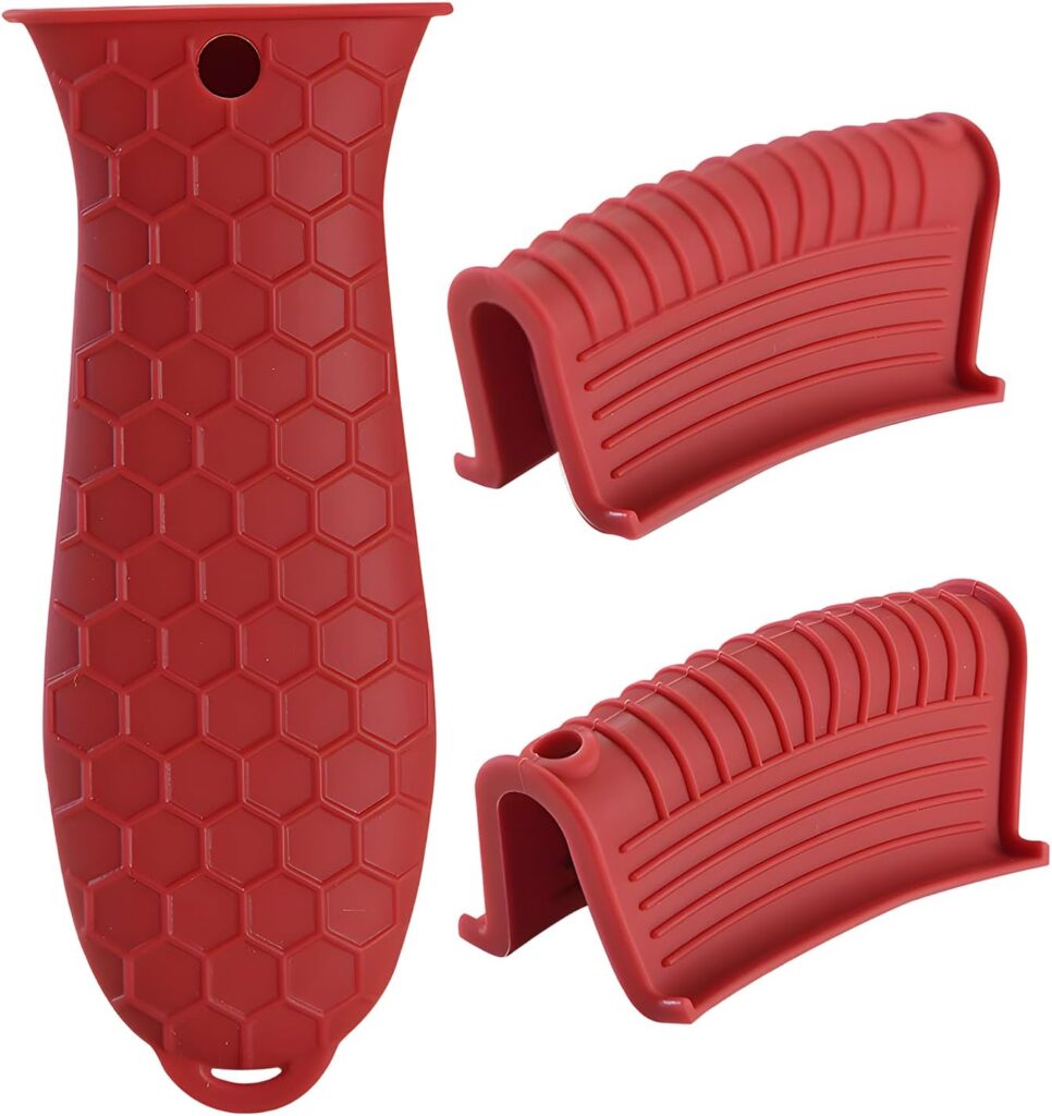 Cast Iron Skillet Handle Covers – 3 Pack Heat Resistant Silicone Pan Handle Sleeve, Non-Slip Pot Handle Covers Potholder for Cast Iron Skillet Pan (Red)