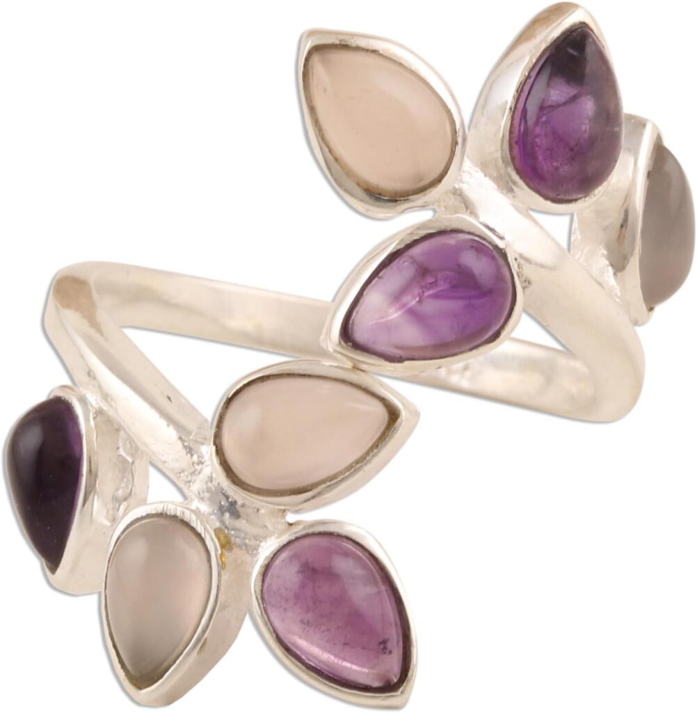 NOVICA Artisan Handmade Amethyst Rose Quartz Cocktail Ring Gemstone .925 Sterling Silver India Birthstone ‘Leafy Glory’