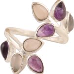 NOVICA Artisan Handmade Amethyst Rose Quartz Cocktail Ring Gemstone .925 Sterling Silver India Birthstone ‘Leafy Glory’