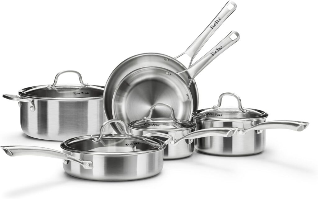 Stainless Steel Cookware Set,Tir-Ply Pots and Pans Set,10 Pcs Stainless Steel Induction Kitchen Cookware Sets,PFOA Free, Frying Pans,Saucepans,Saute Pan & Stock Pot,Compatible with All Cooktops
