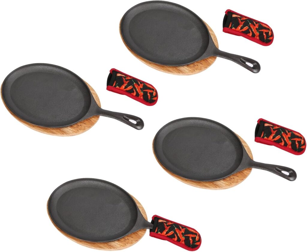 4 PCS Fajita Skillet,Sizzler Plates With Wooden Base And Handle Cover,Steak Plates,Cast Iron Skillet Set,Cast Iron Plates for Home Party Eating