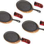 4 PCS Fajita Skillet,Sizzler Plates With Wooden Base And Handle Cover,Steak Plates,Cast Iron Skillet Set,Cast Iron Plates for Home Party Eating