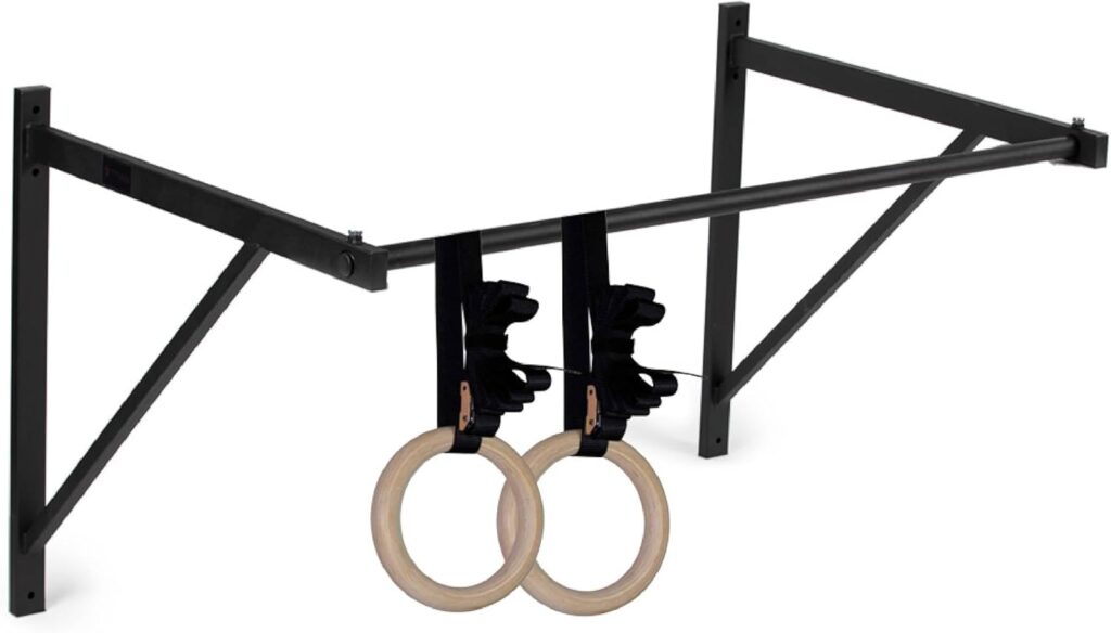 Titan HD Wall Mounted Pull Up Chin Up Bar with 8 in. Wood Olympic Gymnastic Rings – 1.5 in. W Heavy Duty Thick Straps &