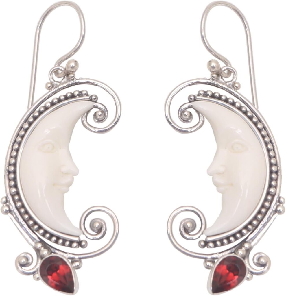 NOVICA Artisan Handmade Garnet Dangle Earrings Moon Crafted Bali Sterling Silver Bone Indonesia Sun Birthstone Gemstone [1.7 in L x 0.6 in W x 0.2 in D] ‘ Bun Crescents’