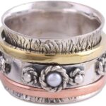 NOVICA Artisan Handmade Cultured Freshwater Pearl Meditation Spinner Ring .925 Sterling Silver with Brass Copper Metallic Tone White Band India Birthstone ‘Spinning Blossom’
