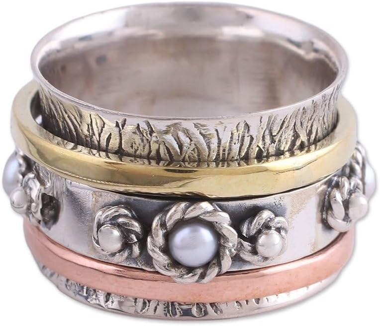 NOVICA Artisan Handmade Cultured Freshwater Pearl Meditation Spinner Ring .925 Sterling Silver with Brass Copper Metallic Tone White Band India Birthstone ‘Spinning Blossom’