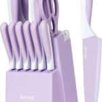 hecef 15 Pieces Kitchen Knife Set with Built-in Sharpening Wooden Block, Dishwasher Safe, High Carbon Stainless Steel Knife Block Set with Steak Knives, Kitchen Scissors, Purple
