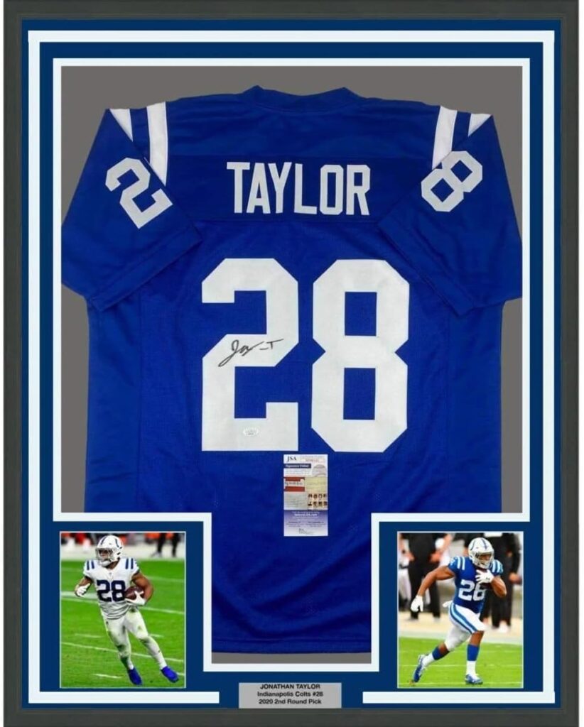 Framed Autographed/Signed Jonathan Taylor 33×42 Indianapolis Blue Football Jersey JSA COA