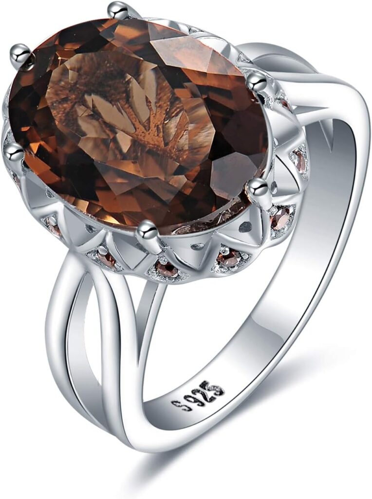 JewelryPalace Huge Oval Shape 5.7ct Genuine Smoky Quartz Cocktail Rings for Her, 14K White Yellow Rose Gold Plated 925 Sterling Silver Ring for Women, Natural Gemstone Jewelry Sets Rings