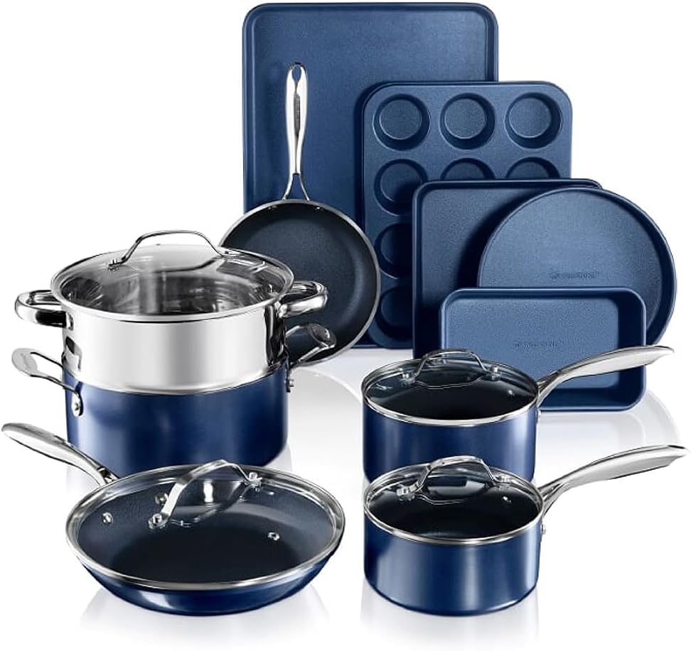 Granitestone 15 Pc Kitchen Pots and Pans Set Non Stick, Kitchen Cookware Sets, Pot and Pan Set, Nonstick Cookware Set, Diamond Coated Non Stick Pots and Pan Set, Dishwasher Safe – Blue