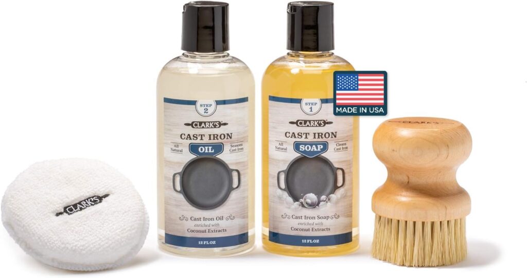 CLARK’S Cast Iron Cleaning Kit with Coconut Oil – Cast Iron Cleaner Set with Seasoning Oil, Soap, Scrub Brush, and Applicator Pad – Restore and Preserve Pan, Skillet, Grill, Dutch Oven, and Wok