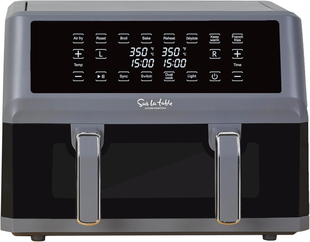 SUR LA TABLE KITCHEN ESSENTIALS 7-in-1 11-Quart Dual Basket Air Fryer, Digital LED Touchscreen Display with 8-Presets, Air Fry, Bake, Roast, Broil, Dehydrate, Keep Warm and Reheat in Minutes, 1700w