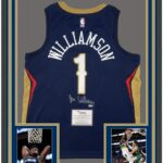 Framed Autographed/Signed Zion Williamson 33×42 New Orleans Pelicans Blue Swingman Nike Basketball Jersey Fanatics COA