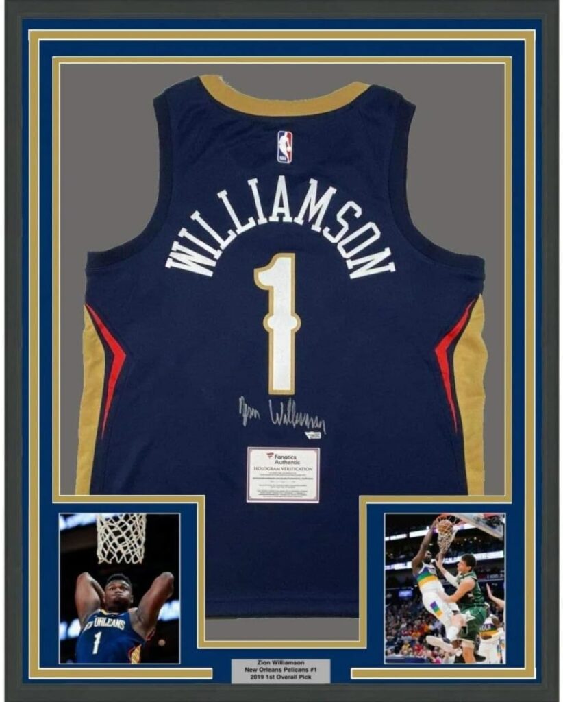 Framed Autographed/Signed Zion Williamson 33×42 New Orleans Pelicans Blue Swingman Nike Basketball Jersey Fanatics COA