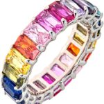 Maya J Eternity Ring – Emerald-Cut, with Artisan Fashioned Gemstones, Rainbow, Size 9