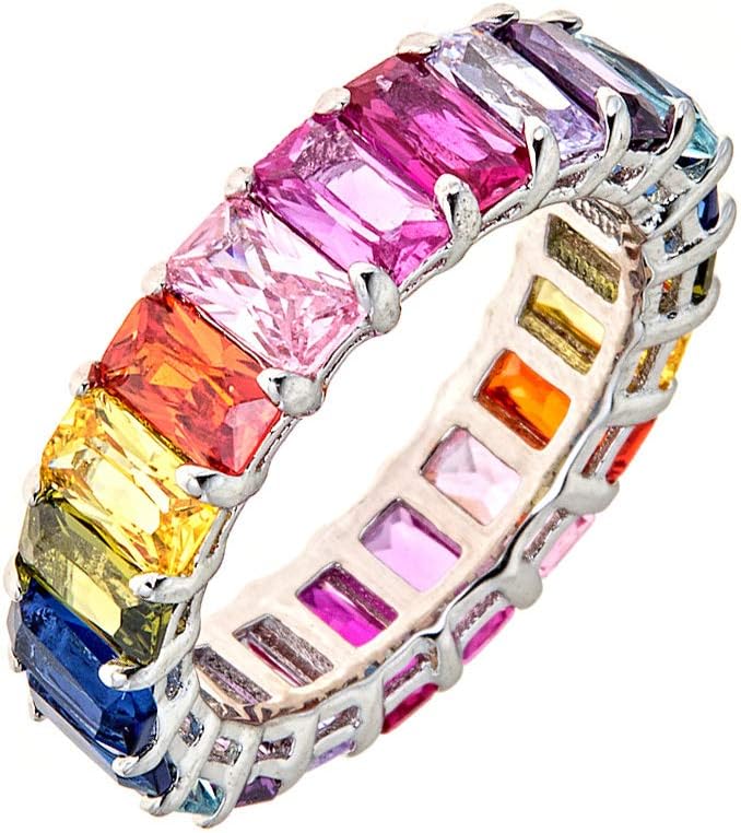 Maya J Eternity Ring – Emerald-Cut, with Artisan Fashioned Gemstones, Rainbow, Size 9