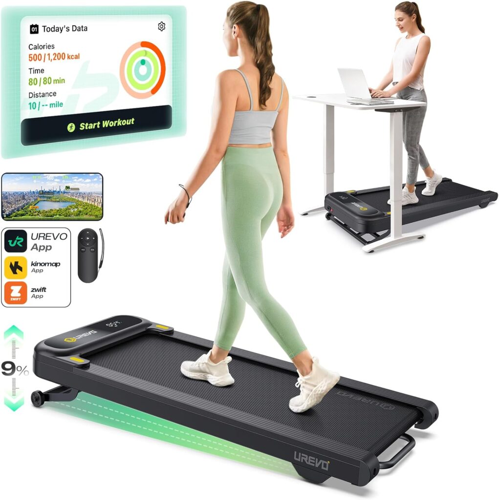 Smart Treadmill with 9% Auto Incline, Hiking and Running Walking Pad Treadmills for Home Office, Treadmill with UREVO APP, AI Powered Music Course, HIIT Programs Synced to Scenic Route, One-Click Mute