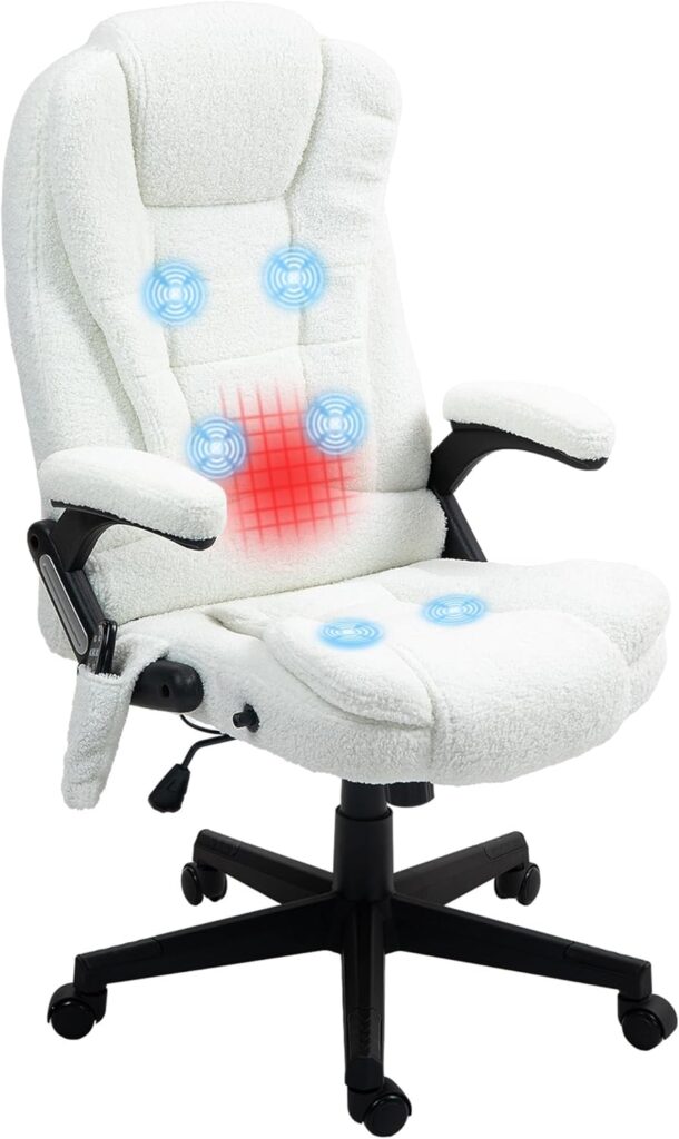 HOMCOM 6 Point Vibrating Massage Office Chair with Heat, Velvet High Back Executive Office Chair with Reclining Backrest, Padded Armrests and Remote, White