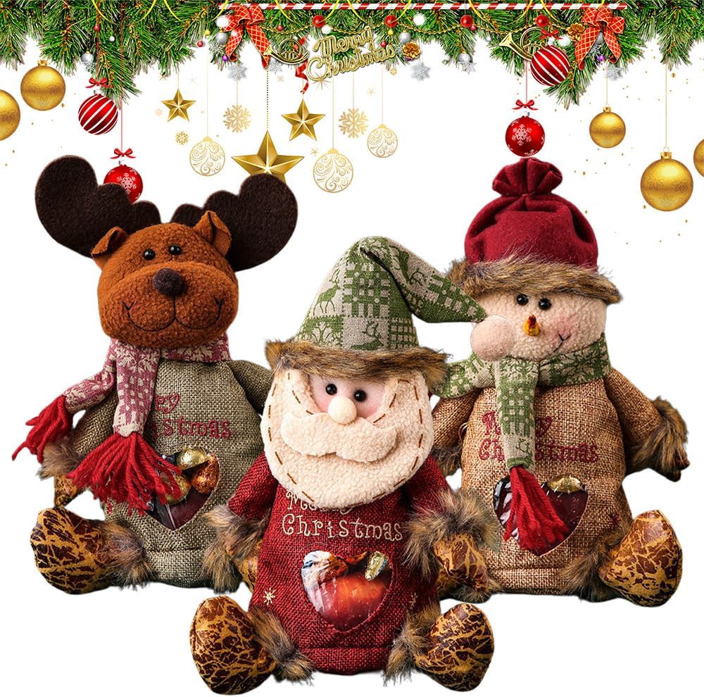 Christmas Gift Bags Zipper Design, Reusable Flax Fabric Christmas Bags For Candy, Apples (Style D)