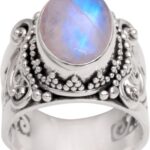 NOVICA Artisan Crafted Sterling Silver Rainbow Moonstone Cocktail Ring | Single Clear Gemstone | Bubble Designs Around Bezel | Combination Finish | Lead & Nickel Free | ‘Glorious Vines’ 0.7″ H x 0.6″