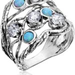 JEAN RACHEL JEWELRY 925 Sterling Silver Ring with 3 Blue Round Opal & 4 White Cubic Zirconia – Boho Vintage Design – Hypoallergenic, Lead & Nickel Free – Artisan Handcrafted Statement Rings for Women