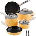 Farberware Style Nonstick Cookware Pots and Pans Set with Cooking Utensils, Dishwasher Safe, 10 Piece – Yellow