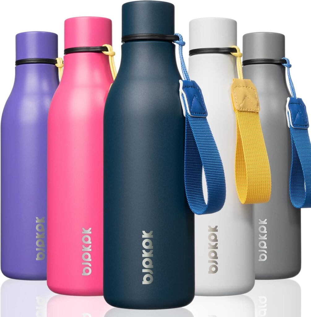BJPKPK Insulated Water Bottles, 18 oz Stainless Steel Metal Water Bottle with Strap, BPA Free Leak Proof Thermo, Mugs, Flasks, Reusable Water Bottle for Sports & Travel, Navy Blue