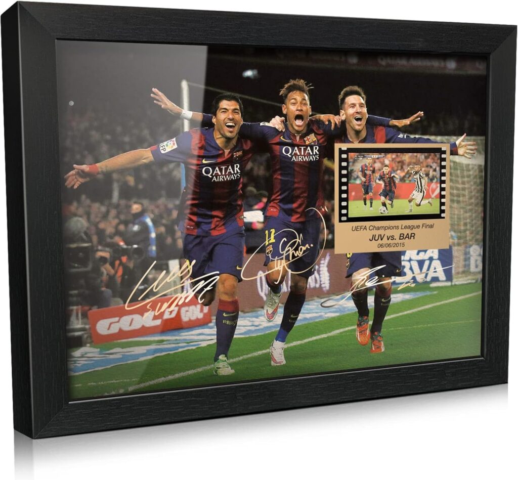 ORIMAMI Soccer Star Lionel Messi Luis Suarez Neymar Signed Picture Desktop Framed Photo Gift – with 35mm Film Recorded Scene Display of 2014/15 Champions League