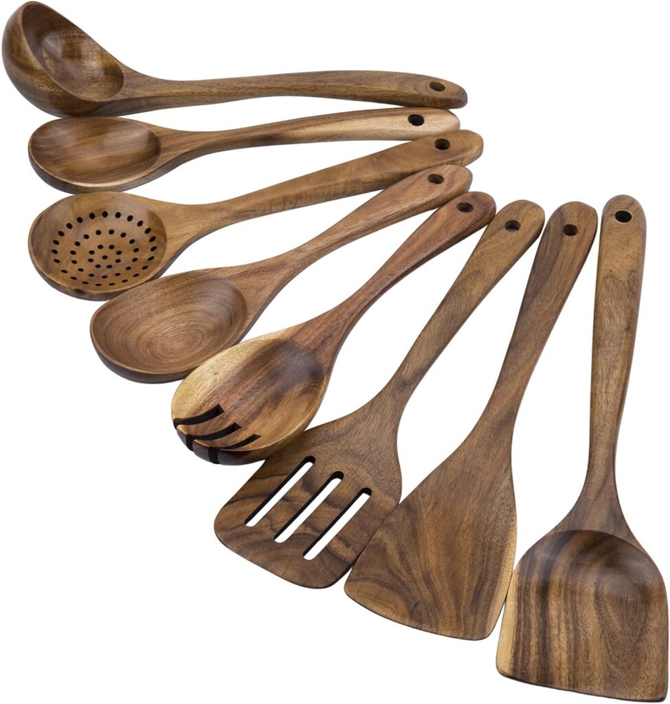 Premium 8-Piece Teak Wood Cooking Utensil Set – Heat Resistant, Lightweight & Sturdy Wooden Spoons for Non-Stick Cookware – Ideal for Cooking, Stirring & Serving