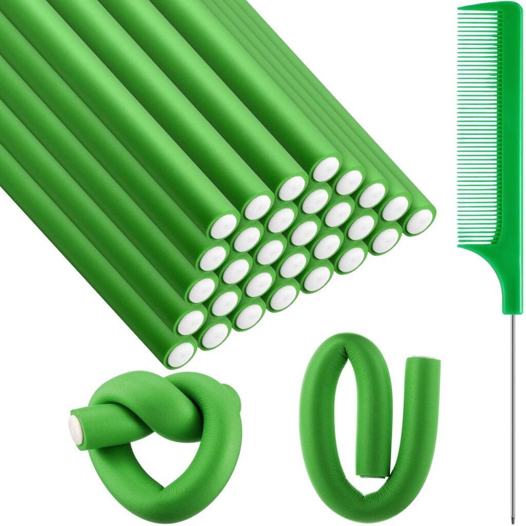 Syhood 30 Pcs Flexible Curling Rods 9.45 Twist Foam Rollers Soft Foam No Heat Hair Rods Rollers and 1 Steel Pintail Comb Rat Tail Comb for Women Long Short Hair(Green,9.45 x 0.79 Inch)