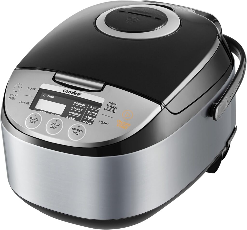 COMFEE’ Rice Cooker 12 Cups Cooked/6 Cups Uncooked, Portable Non-Stick Rice Maker, Japanese Rice Cooker with Fuzzy Logic Technology, 24-Hour Timer Delay, 11 Presets, Steamer, Fast Cooker, Grain Cooker, Black
