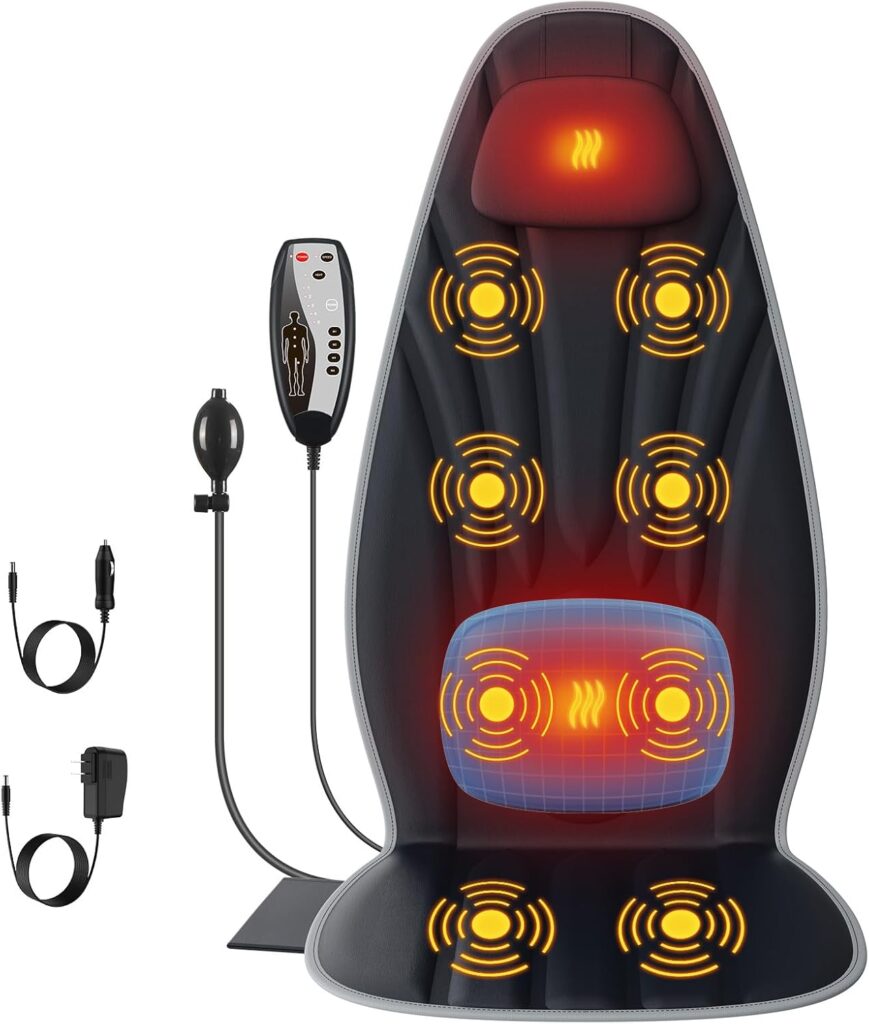 SLOTHMORE Back Massager with Heat, Seat Massager for Full Back with 8 Vibrating Motors and 2 Heat Levels, Chair Massager for Office/Home