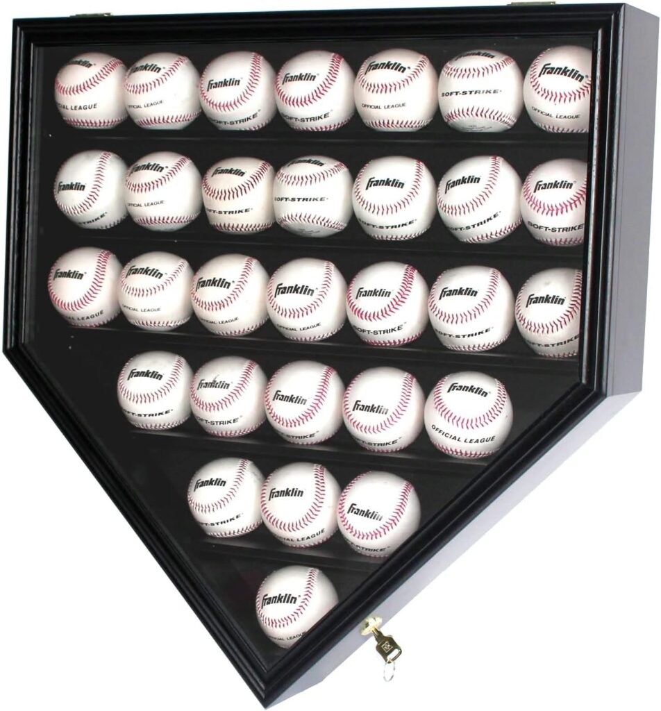 DisplayGifts Baseball Display Case Frame Shadow Box Wall Cabinet Holder to Hold 30 Balls, with Lockable Anti Fade UV Protection Acrylic Door for Homerun and Autograph Balls, Black Frame