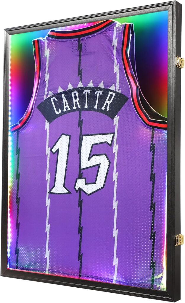 KCRasan LED Jersey Frame Display Case – Jersey case with led Lights – Large Lockable Frames Shadow Box with UV Protection for Baseball Basketball Football Soccer Hockey Sport Shirt, Black