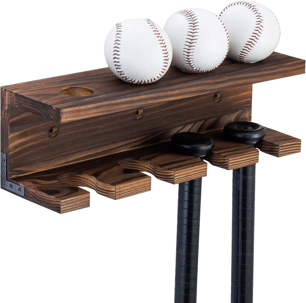 MyGift Wood Baseball Bat Holder and Ball Display Shelf, Wall Mounted Sports Memorabilia and Collectibles Floating Shelf
