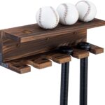 MyGift Wood Baseball Bat Holder and Ball Display Shelf, Wall Mounted Sports Memorabilia and Collectibles Floating Shelf