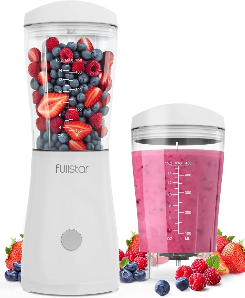 Fullstar Portable Blender for Smoothies and Shakes – 15 oz Mini Personal Travel Blender with Sipper Lid, Compact Smoothie Maker for Office, Home, and Kitchen (White)