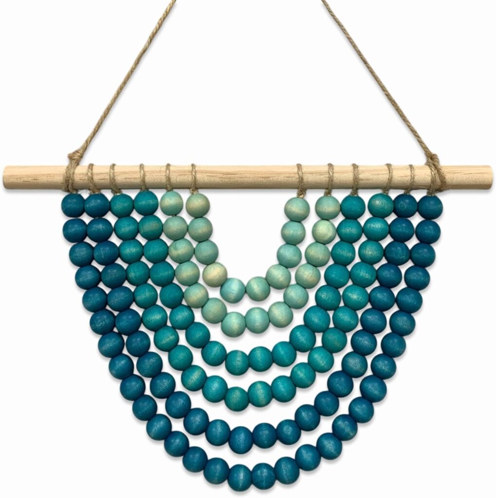 Boho Chic Wooden Bead Garland Wall Hanging Tapestry, Natural-Inspired Handcrafted Home Decor for Living Room, Bedroom, Entryway, Nursery, Apartment & Dorm (Coastal Breeze Gradient, 12 Inches)